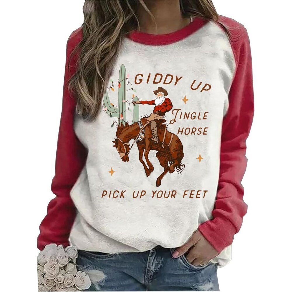 Cowboy Christmas Sweatshirts Women Cotton Blend Long Sleeve Holiday Pullover